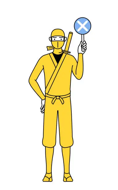 Vector illustration of A man dressed up as a ninja holding a bar of buts indicating incorrect answers.