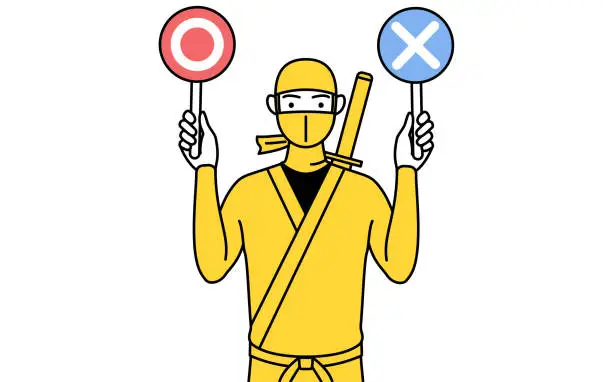 Vector illustration of A man dressed up as a ninja holding a stick indicating correct and incorrect answers.