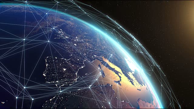 Globalization Network in 3d animation. Global Business dots on a rotating planet.