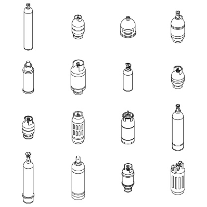 Gas cylinders icons set. Isometric set of gas cylinders vector icons outline isolated on white background