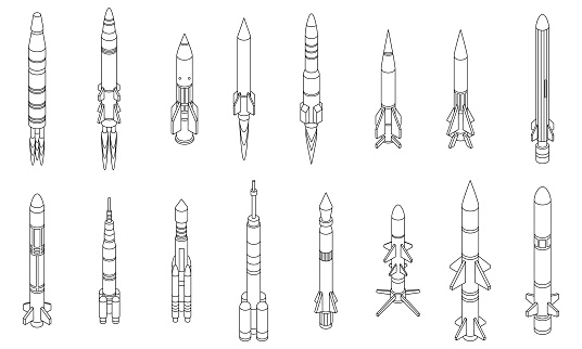 Missile attack icons set. Isometric set of missile attack vector icons outline thin lne isolated on white