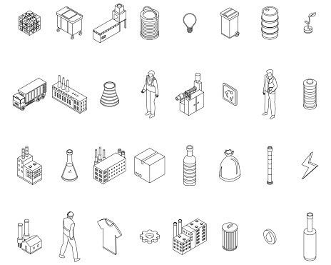 Recycle factory icons set. Isometric set of recycle factory vector icons outline thin lne isolated on white