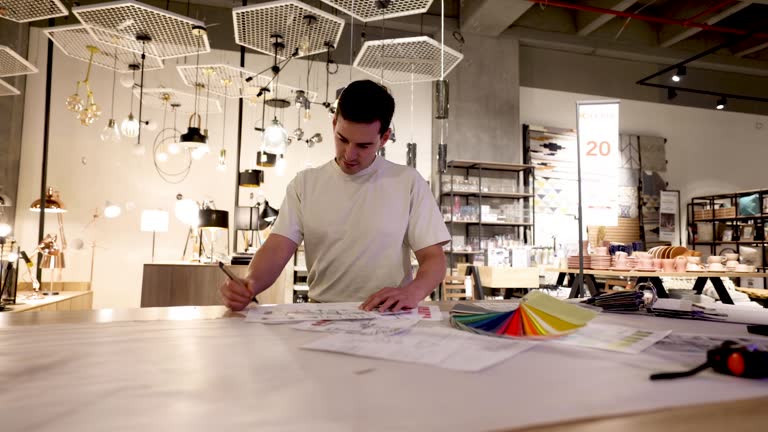 Male interior designer working at a furniture store on some sketches