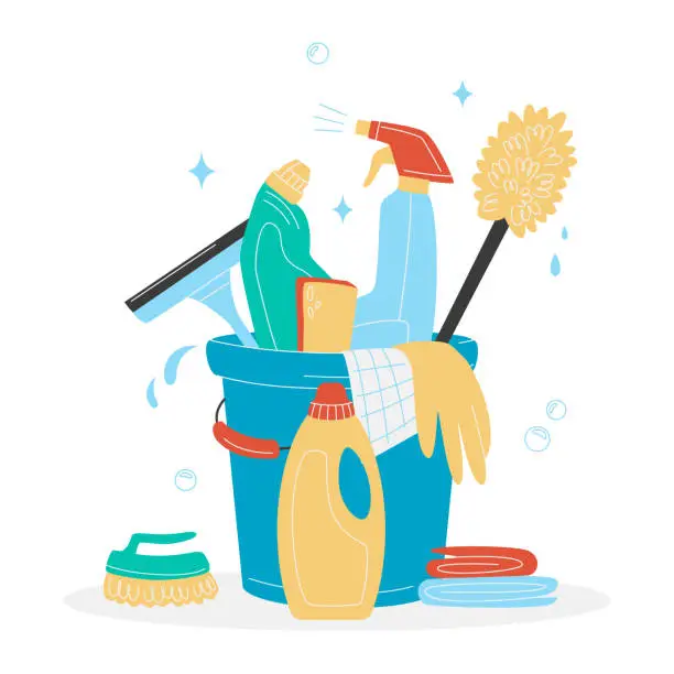 Vector illustration of Hand drawn Bucket with cleaning supplies, bottles, brush, spray, sponge, gloves. Housework concept. Various Cleaning items. Isolated Vector illustrations