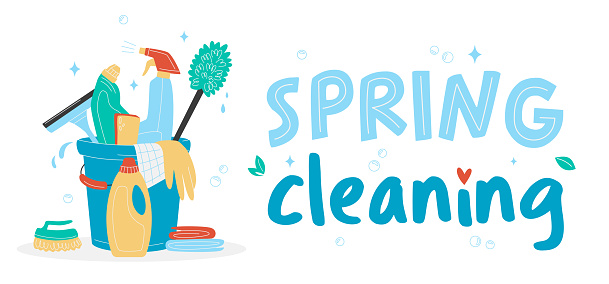 Spring cleaning concept. Hand drawn bucket with cleaning supplies, bottles, brush, spray, sponge, gloves. Housework concept. Various Cleaning items. Isolated Vector illustrations.