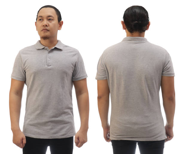 istock Blank collared shirt mock up template, front and back view, Asian male model wearing plain greys t-shirt isolated on white. Polo tee design mockup presentation 1455756830
