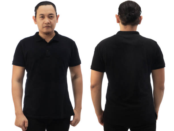 istock Blank collared shirt mock up template, front and back view, Asian male model wearing plain black t-shirt isolated on white 1455756897