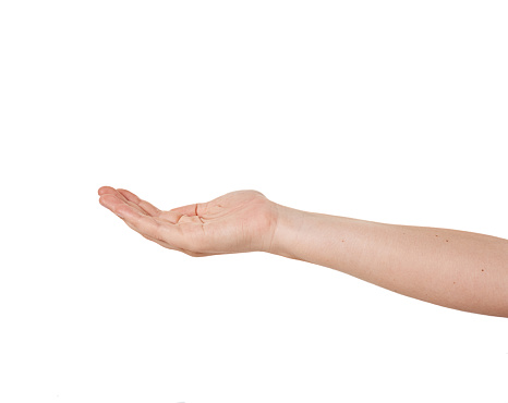 Young woman's arm and hand extended on a pure white background.