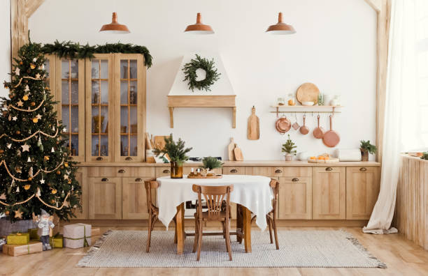 istock Light wooden kitchen with Christmas decorations 1455762271
