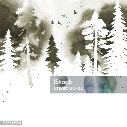 istock Watercolor vector landscape with coniferous forest in gray colors. Nature illustration with watercolor vector splashes. Abstract design for book, poster, banner, card 1455762920