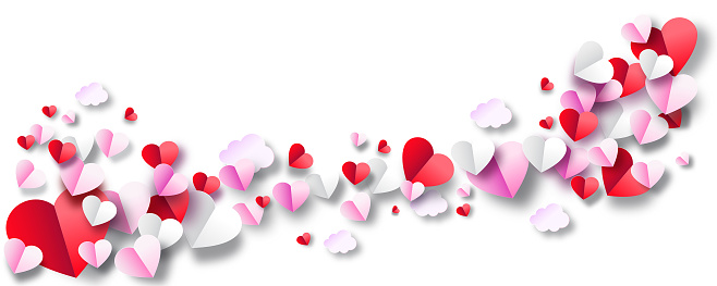 istock Paper cut heart shape for Valentine's day border design. Red, pink and white flying hearts isolated on white background 1455763762