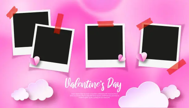 Vector illustration of Photo frame with Valentine's Day collection. Pink background and paper cut heart shapes.