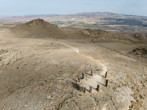 Old ruins top on the hill. Taken via drone. Cappodacia in Nevsehir, Turkey.