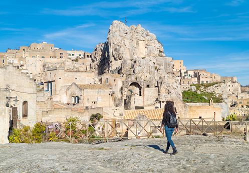 Matera, Italy - 1 January 2023 - The historic center of the wonderful stone city of southern Italy, a tourist attraction for famous \