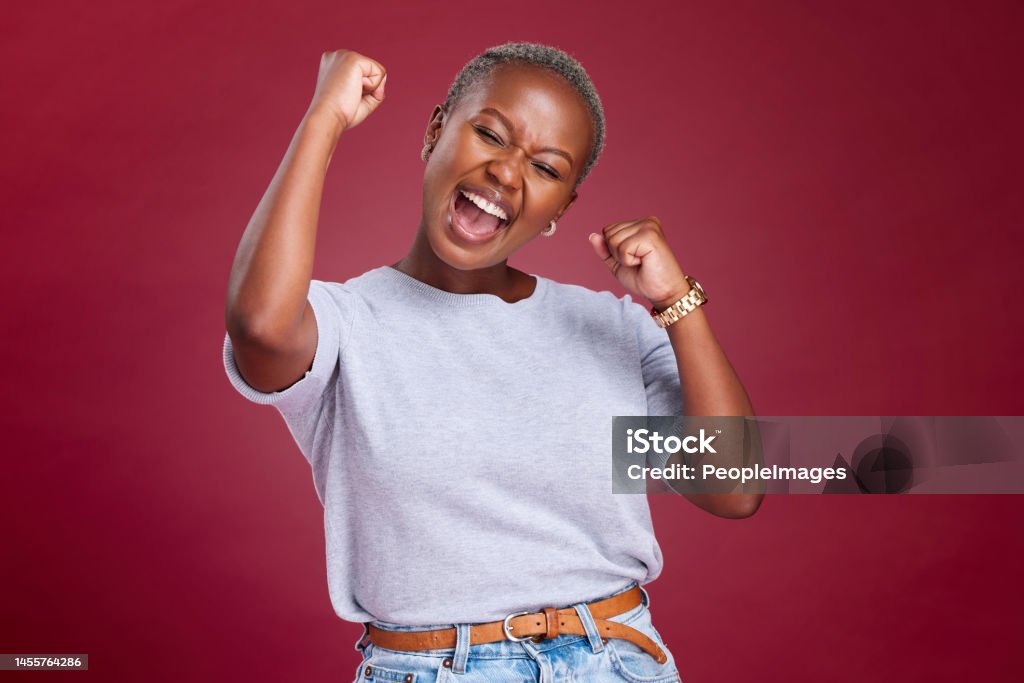 Celebration, black woman and excited person showing happiness and winner feeling. Winning motivation, achievement and happy smile of a female win with a celebrate victory feeling from success Celebration Stock Photo