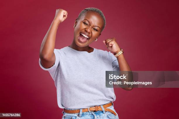 Celebration Black Woman And Excited Person Showing Happiness And Winner Feeling Winning Motivation Achievement And Happy Smile Of A Female Win With A Celebrate Victory Feeling From Success Stock Photo - Download Image Now