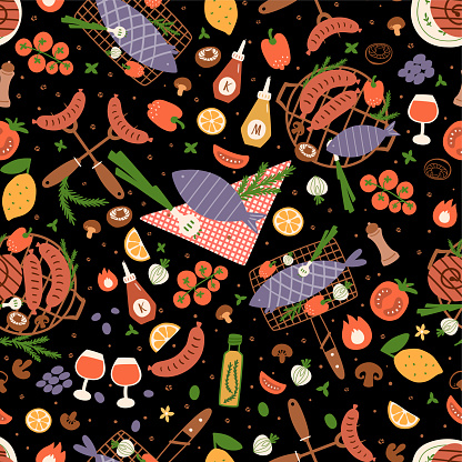 BBQ party seamless pattern. BBQ party food repeat background. Summer picnic wallpaper with barbecue grill, roasted sausages, tomatoes vegetable grilled fish. Cartoon picnic food vector illustration.