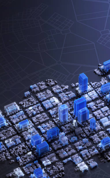 Futuristic abstract city, aerial view with copy space on top, vertical stock photo