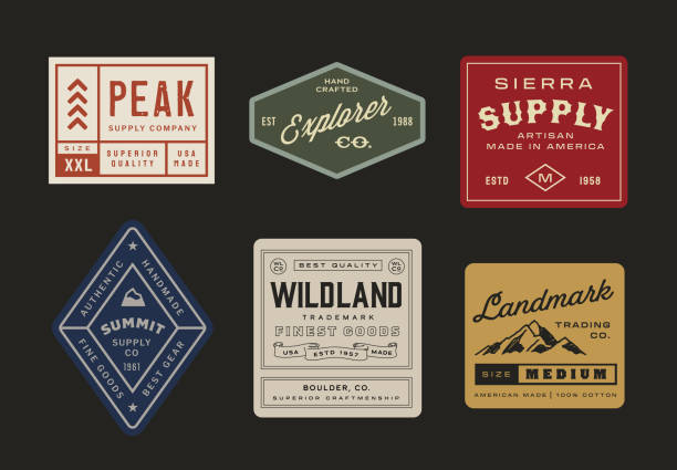 Vintage Inspired Adventure Labels & Tags Vintage Inspired Adventure Labels & Tags textile patch stock illustrations