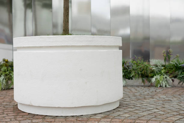istock White pot for tree in park. Flower bed for plant. Park facility. 1455768842