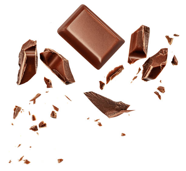 istock  Levitating milk chocolate chunks isolated on white background. Flying Chocolate pieces, shavings and cocoa crumbs Top view. Flat lay 1455769956