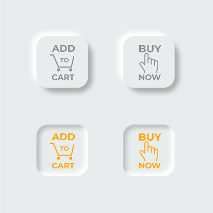 Neumorphism design buttons with click here hand and add to basket icons. User interface elements for mobile app.