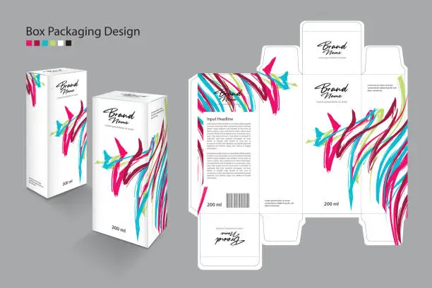 Vector illustration of Box Packaging design Template for cosmetic, Supplement, spa, Beauty, Hair, Skin, lotion, medicine. Label design, packaging design creative idea. Boxes 3d, colorful line art concept, white box mock up