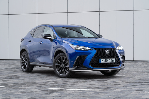 Berlin, Germany – 8th January, 2023: Hybrid SUV Lexus NX stopped on a street. This vehicle was introduce to European market in 2021. Today is one of the most popular Lexus vehicles in Europe.