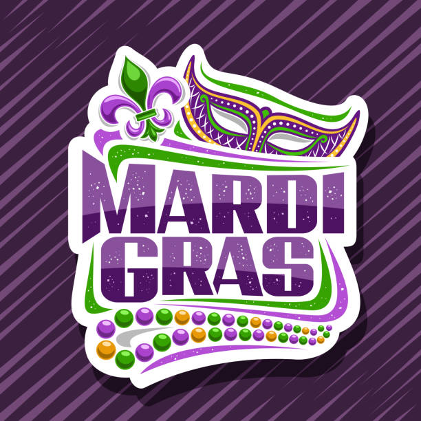 Vector logo for Mardi Gras Vector logo for Mardi Gras, white decorative label with illustrations of fleur de lis symbol, venice mask, colorful beads and unique brush lettering for text mardi gras on purple striped background mardi gras stock illustrations