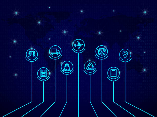 stockillustraties, clipart, cartoons en iconen met global logistics network in blue. map global logistics partnership connection. globe with logistics icons in neon style. perspective grid. eps10. - toeleveringsketen
