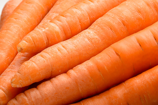 fresh ripe harvested carrots on the ground in the garden on the planting bed