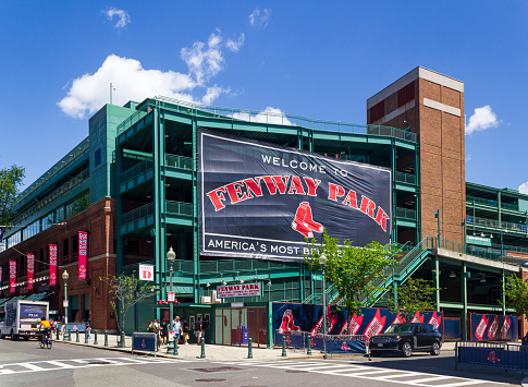 Boston, MA, USA. May 17, 2022: Facade of Fenway Park, stadium of Boston Red Sox.