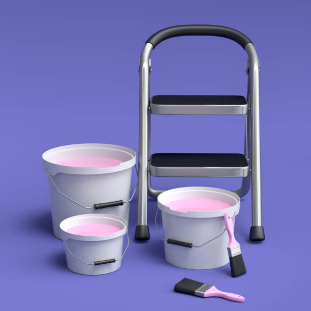 istock Set of folding ladder, bucket with paint rollers and brushes on violet 1455775424