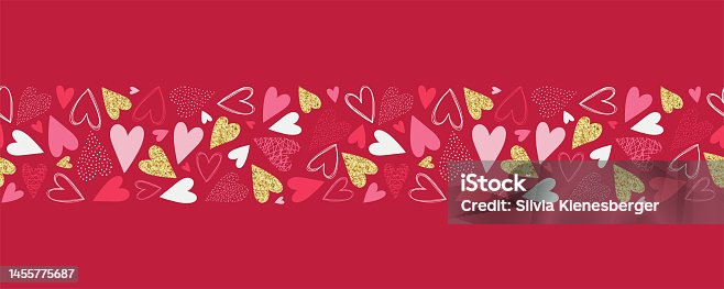 istock Repeated hearts seamless pattern, hand drawn with gold glitter effect, Cute background. Endless romantic print - vector design 1455775687