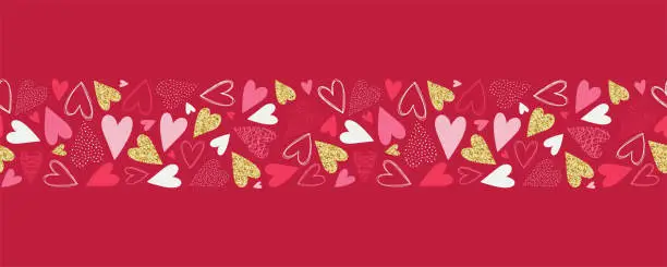 Vector illustration of Repeated hearts seamless pattern, hand drawn with gold glitter effect, Cute background. Endless romantic print - vector design