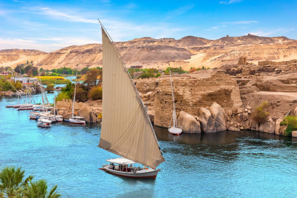 istock Nile River scenery with famous sailboats, Aswan, Egypt 1455775760