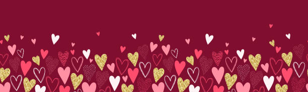 powtarzający się bezszwowy wzór serc, ręcznie rysowany ze złotym efektem brokatu, słodkie tło. niekończący się romantyczny nadruk - projektowanie wektorowe - heart shape pink background cartoon vector stock illustrations