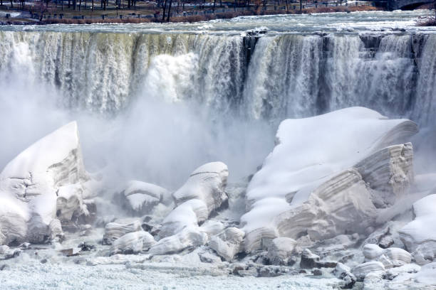 Frozen Niagara Falls in January 2018 during extreme cold weather for the couple of weeks in December 2017 and January 2018 in Ontario, Canada