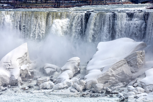Niagara Falls and abstract ice formations in winter, spring, close-up, USA.