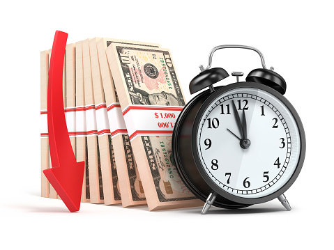 3d render $10 Banknote and Alarm clock (isolated on white and clipping path)