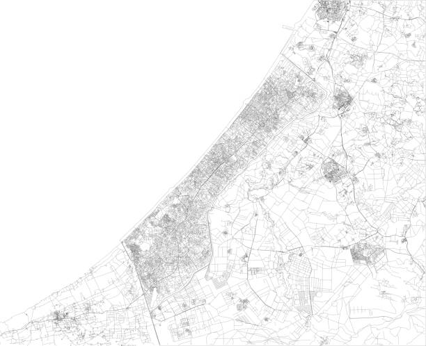 Satellite view of the Gaza Strip. Streets. Palestinian territory Satellite view of the Gaza Strip is a self-governing Palestinian territory on the eastern coast of the Mediterranean Sea. Map, streets of the area israel egypt border stock illustrations