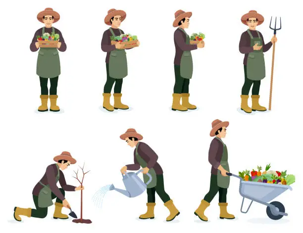 Vector illustration of Farmer. Different poses design.