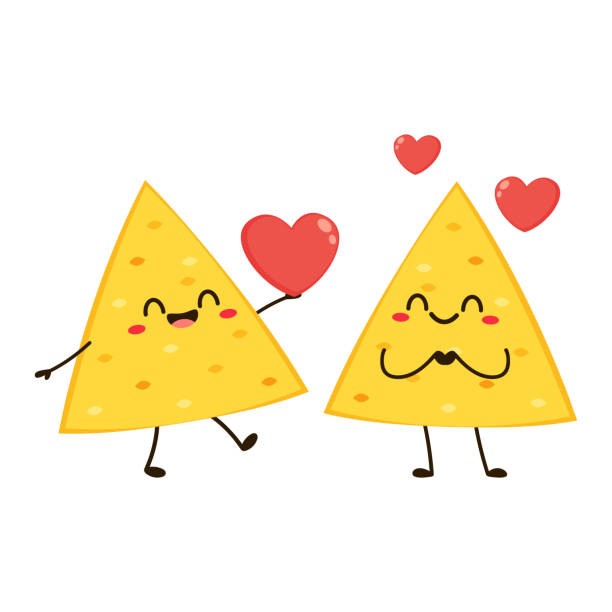 ilustrações, clipart, desenhos animados e ícones de design de personagens nacho. nachos no fundo branco. coração rosa e vetor de desenho animado cute nacho. - taco chips
