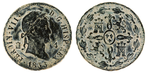 Ancient Spanish copper coin of the King Fernando VII. 1833. Coined in Segovia. 4 Maravedis.