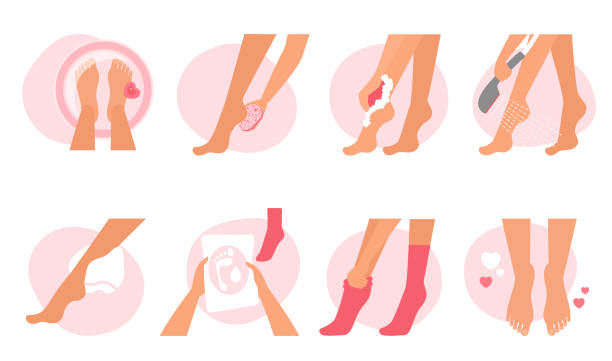 스파 바디 트리트먼트 및 발 관리 세트, 소녀들은 탈모 크림, 부드러운 발 뒤꿈치를 적용합니다. - human leg smooth human skin human foot stock illustrations