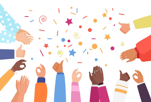Hands of people show thumbs up, OK positive gestures of diverse multicultural group Hands of people show thumbs up, OK vector illustration. Cartoon positive gestures of diverse multicultural group at corner, different female and male arms applaud to winner, greeting and confirm idea corner tip stock illustrations