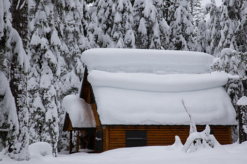 Deep snow is covering the roof of a small cabin during a blizzard, in the rural town of Tahoma, California