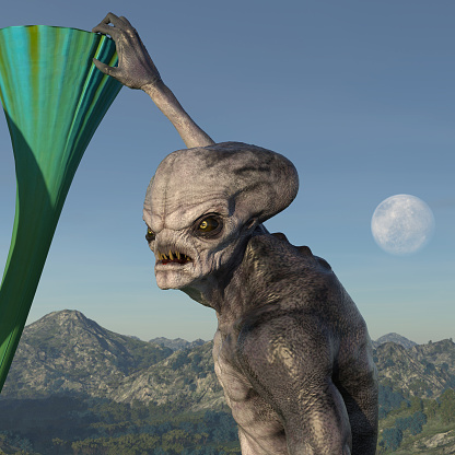 3d illustration of an ugly angry scowling alien holding onto a tall extraterrestrial plant with a moon in the background.