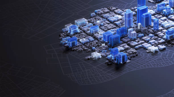 istock Downtown district model on dark background with city map and office buildings, aerial view with copy space on left side 1455786903