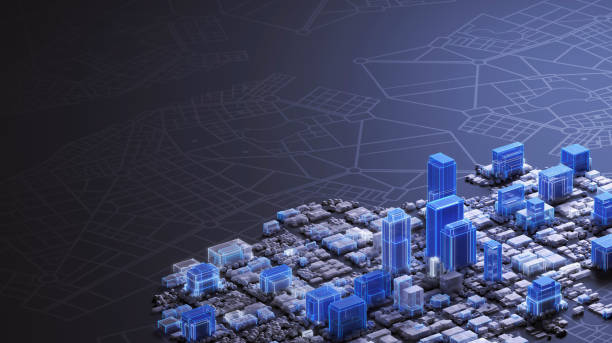 istock 3D city model on dark background with office buildings and map, top view with copy space on top side 1455787216